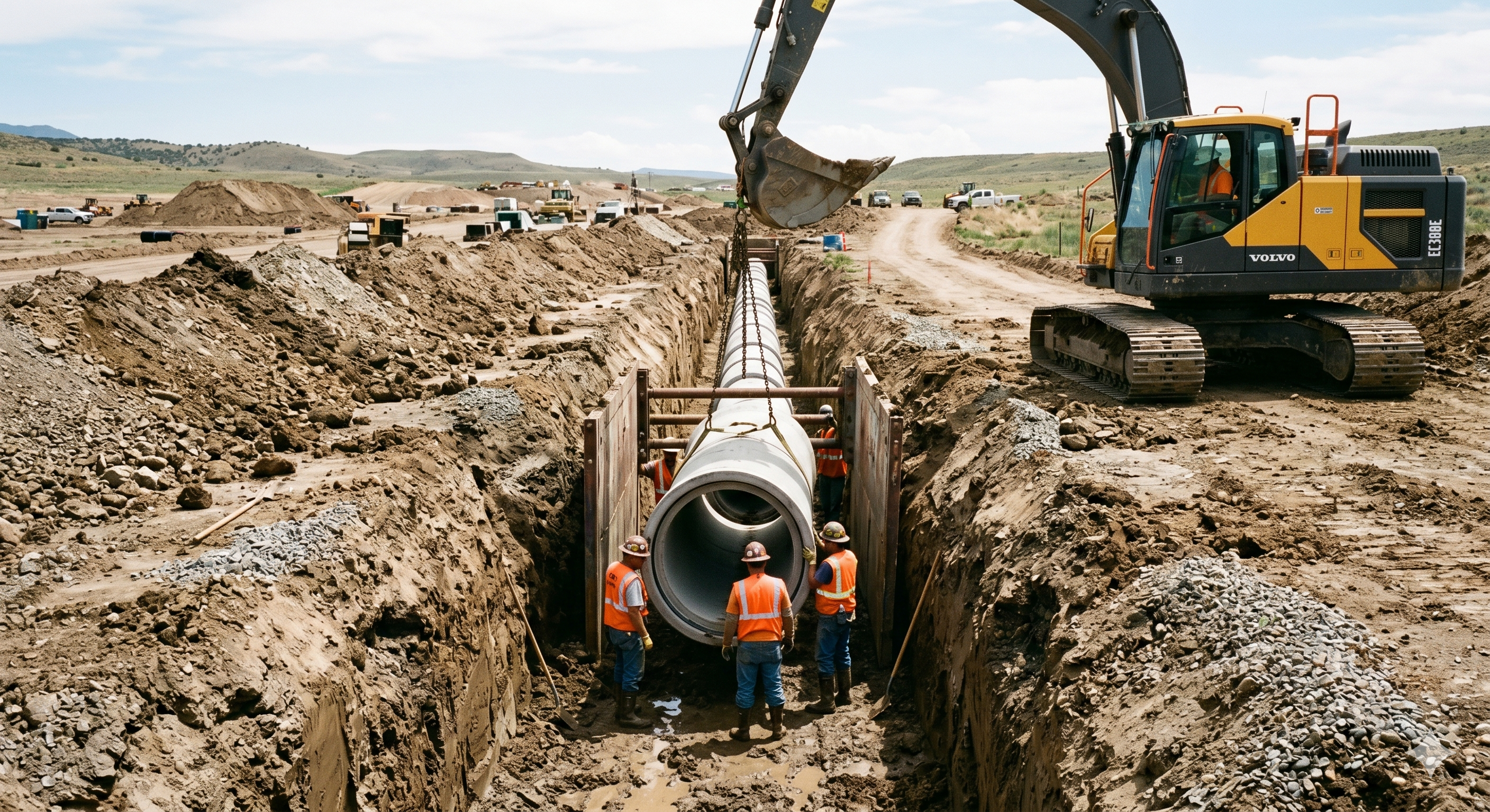 Pipeline trench with crew laying large-diameter pipe
