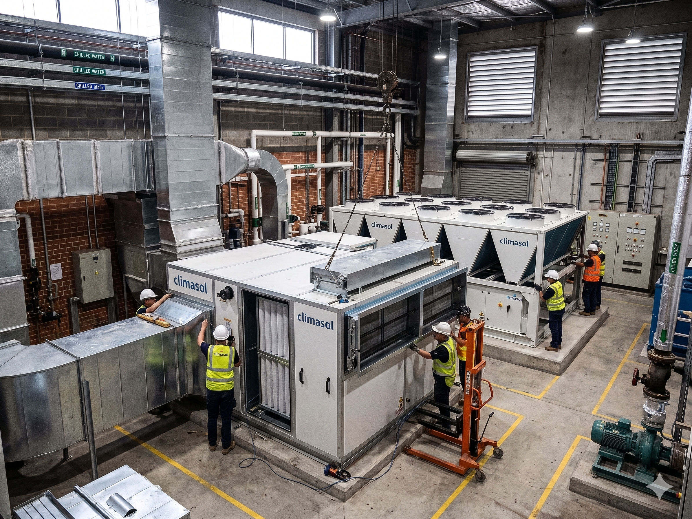 Large commercial HVAC air handling unit installation in a plant room