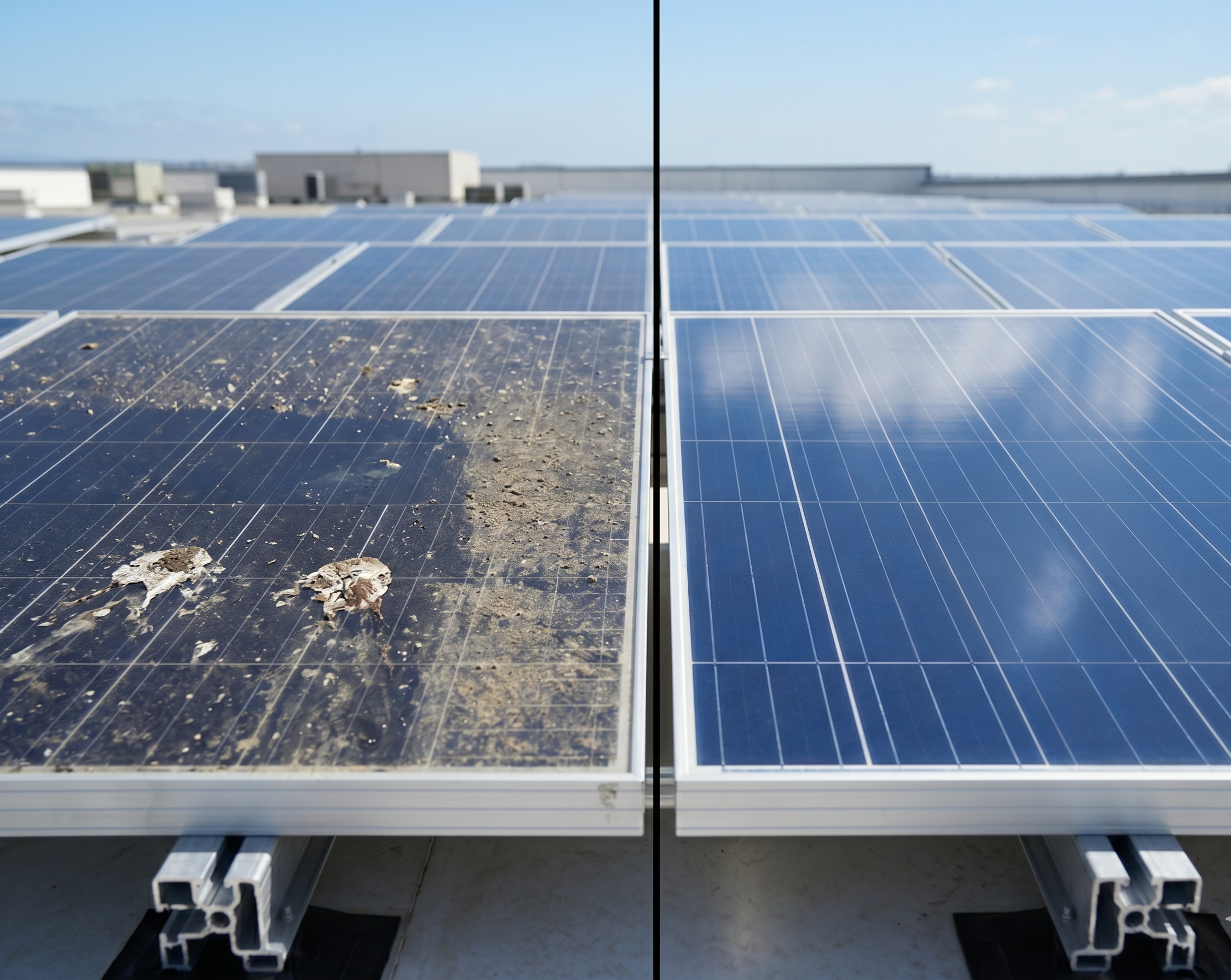 Before and after solar panel cleaning comparison