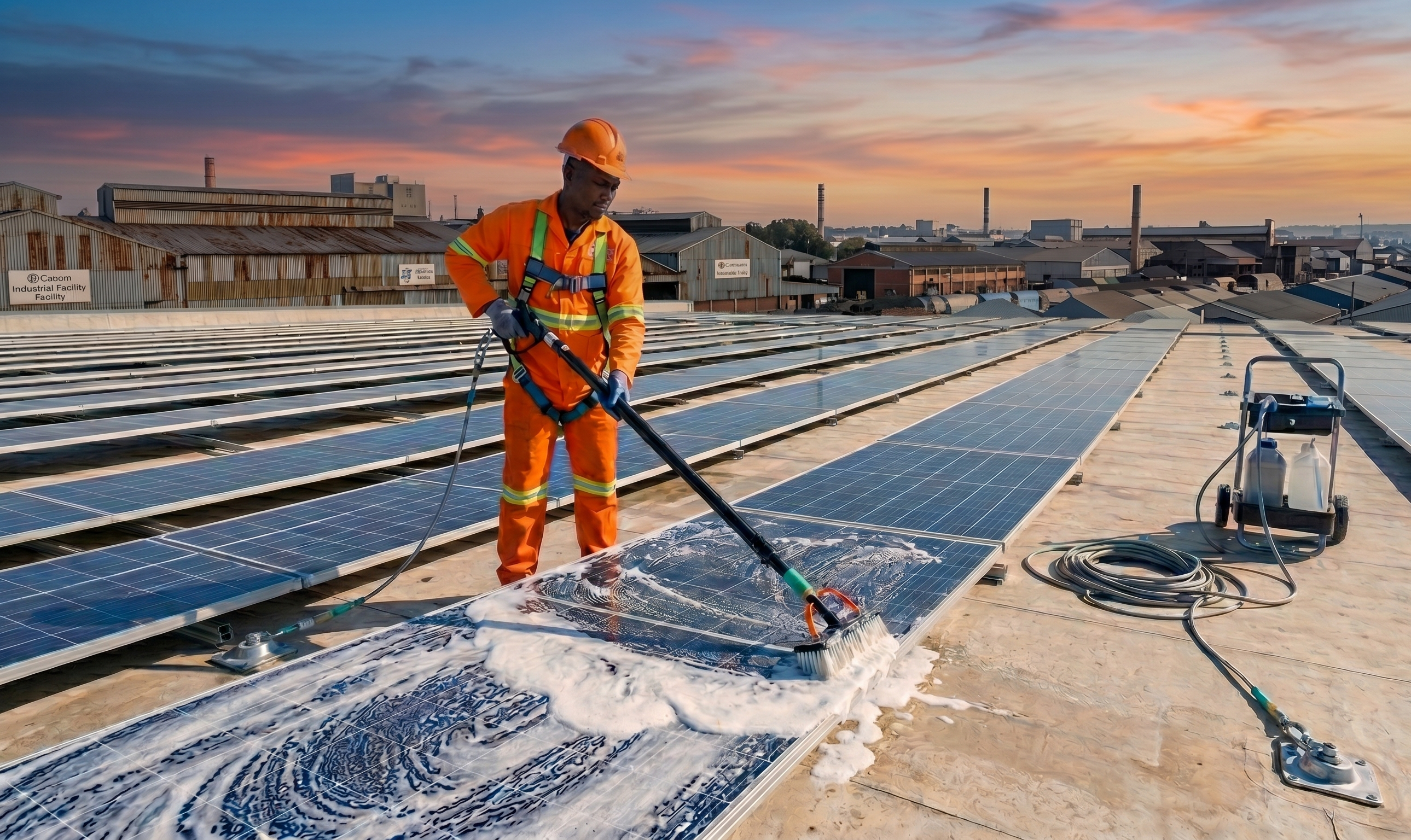 Technician cleaning solar panels on a commercial rooftop