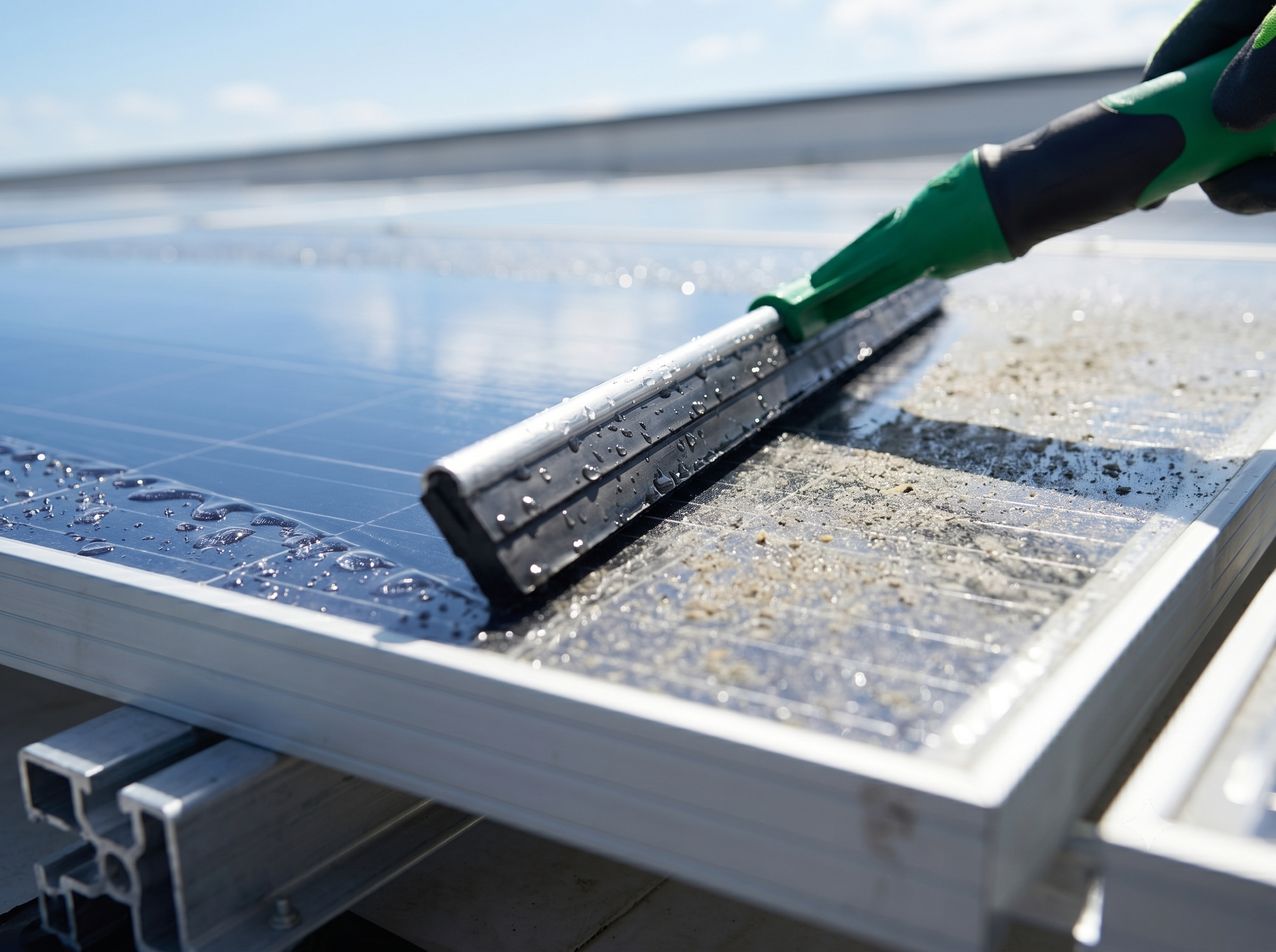 Close-up of solar panel cleaning with squeegee