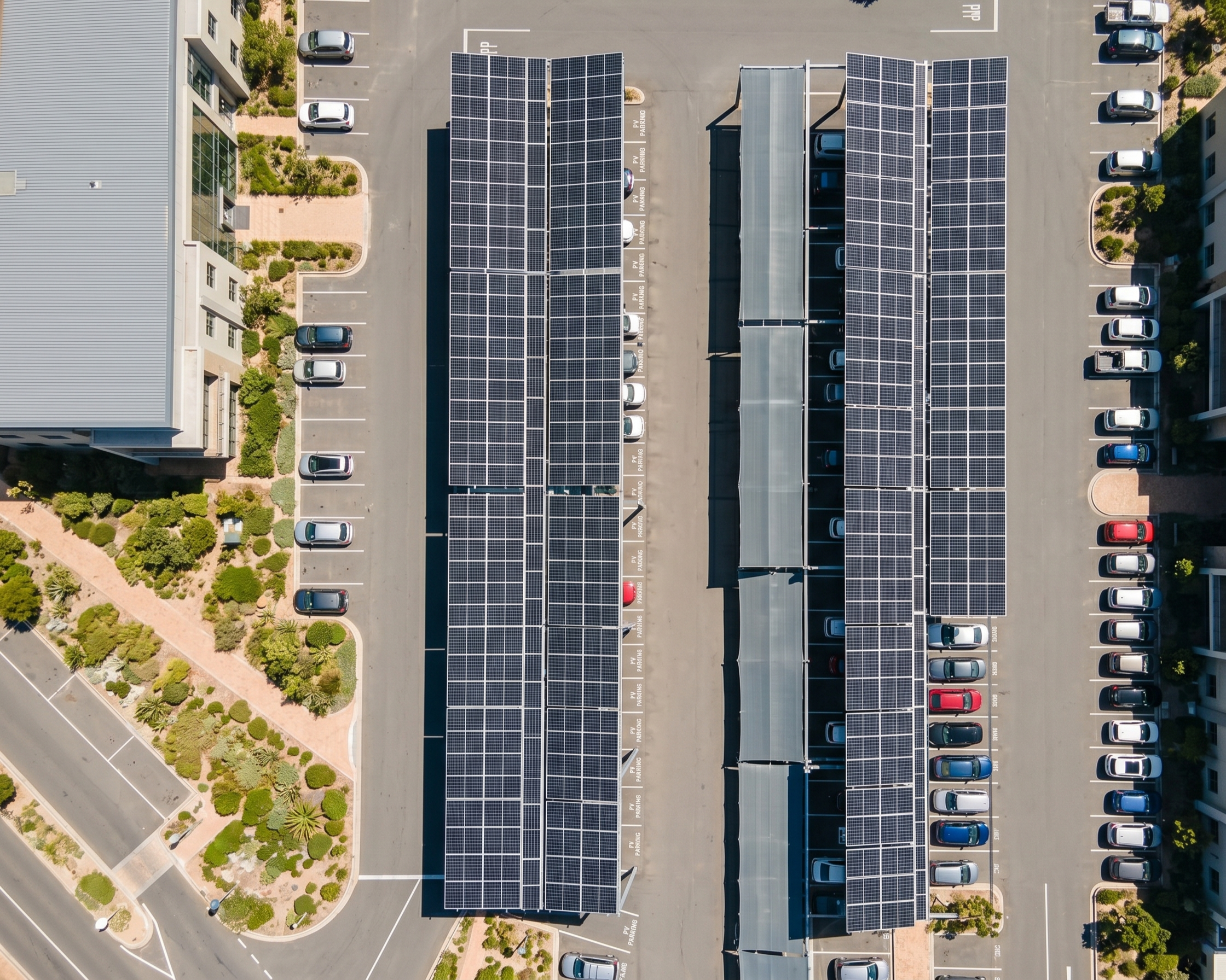 Commercial carport solar array over a parking area