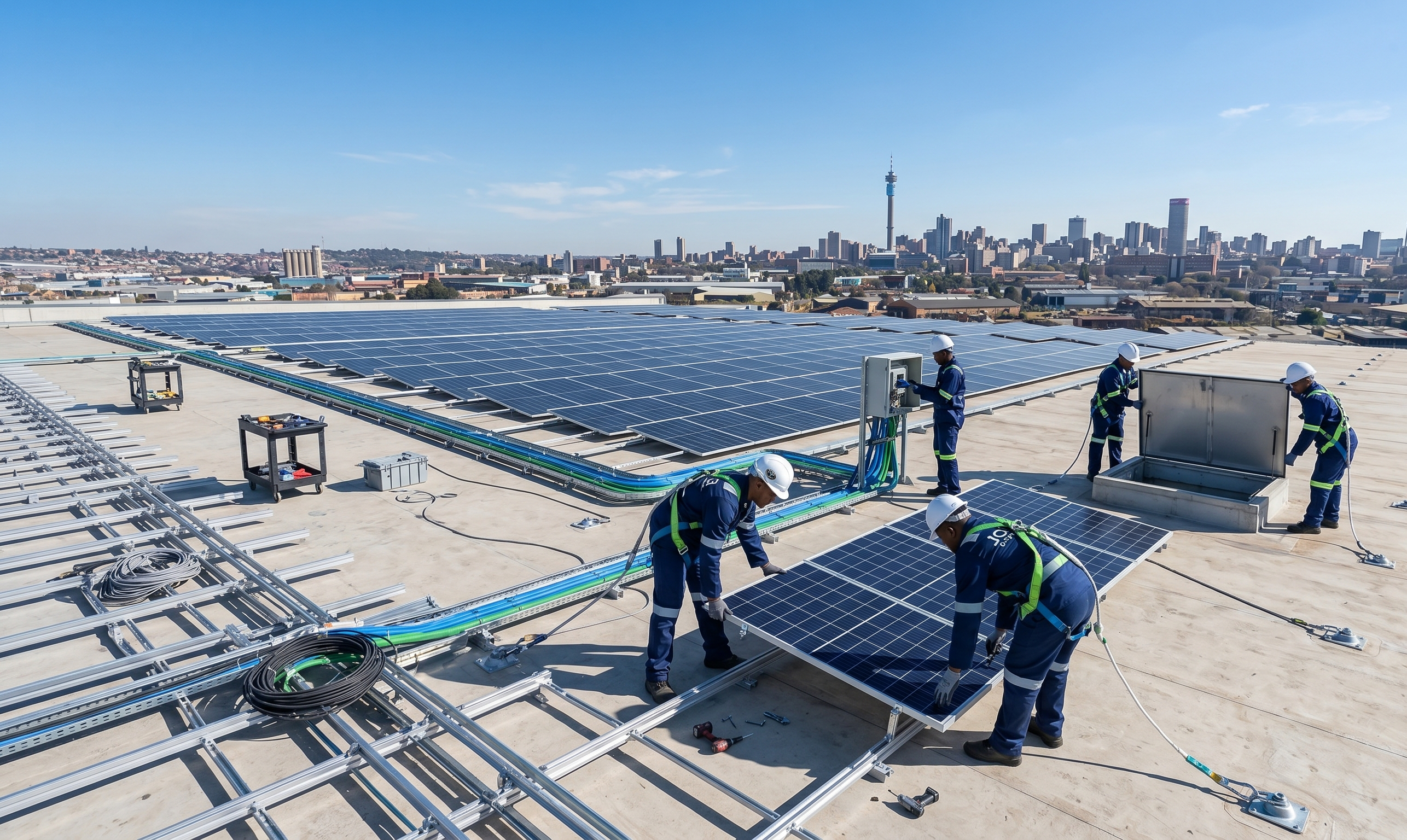 Solar panels being installed on a large commercial rooftop