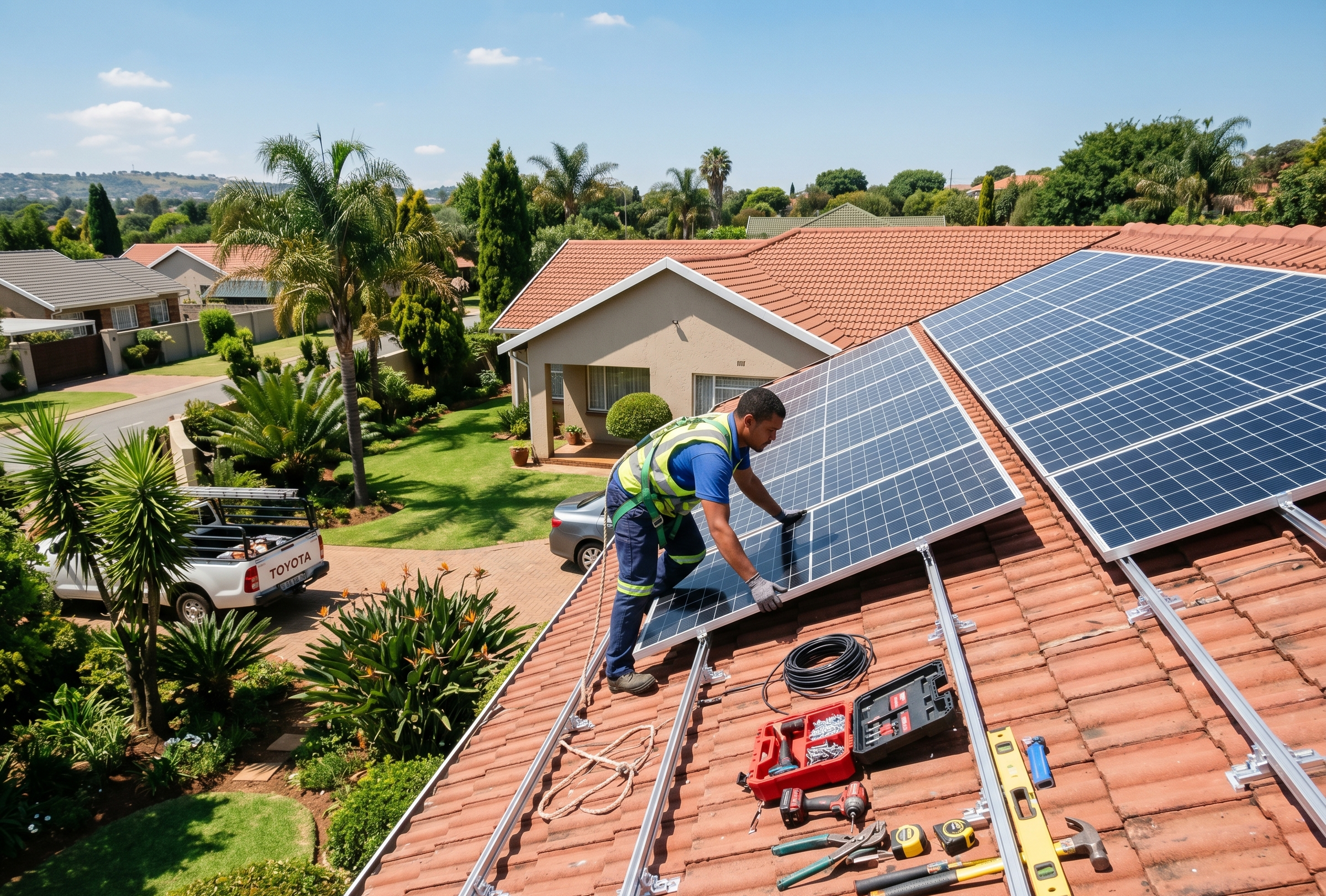 Residential rooftop solar installation on a family home