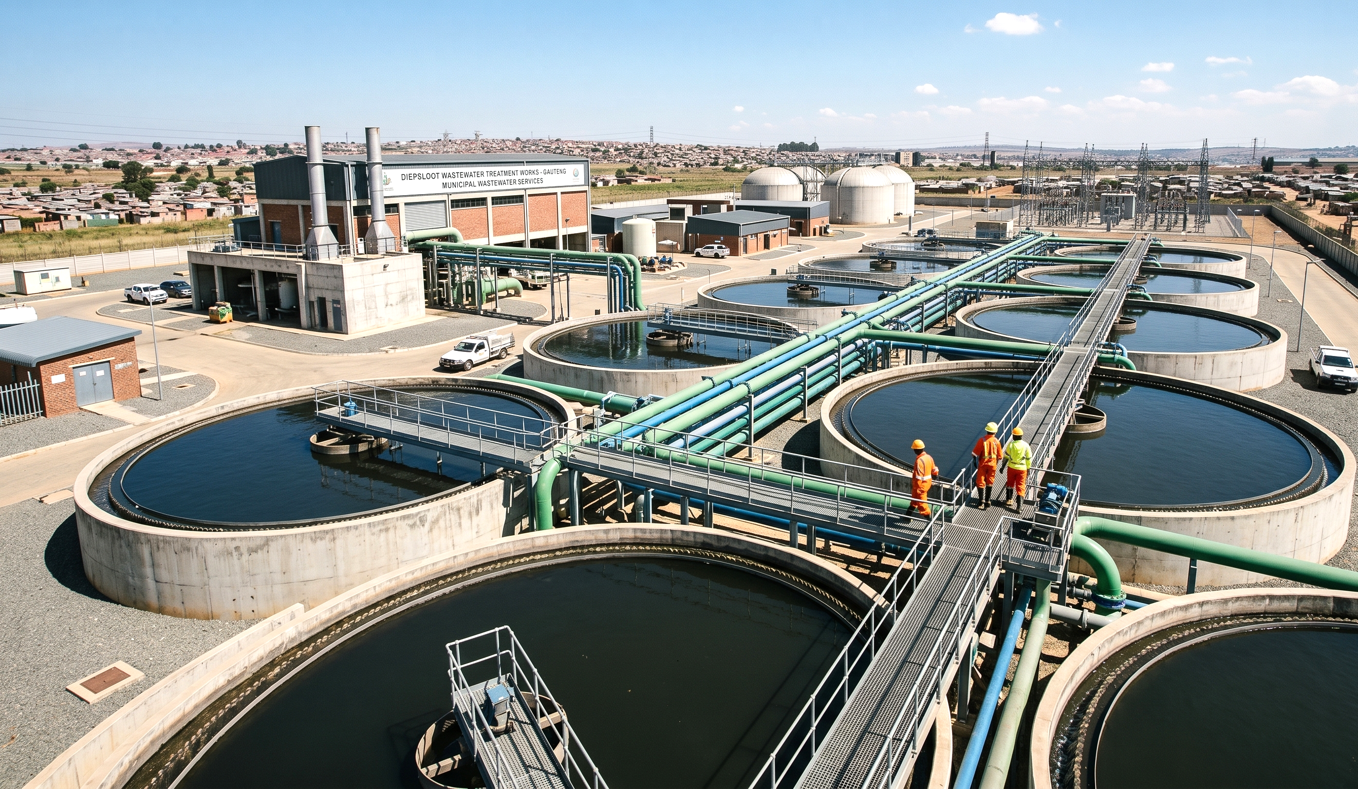Water treatment plant with clarifier tanks and process pipework