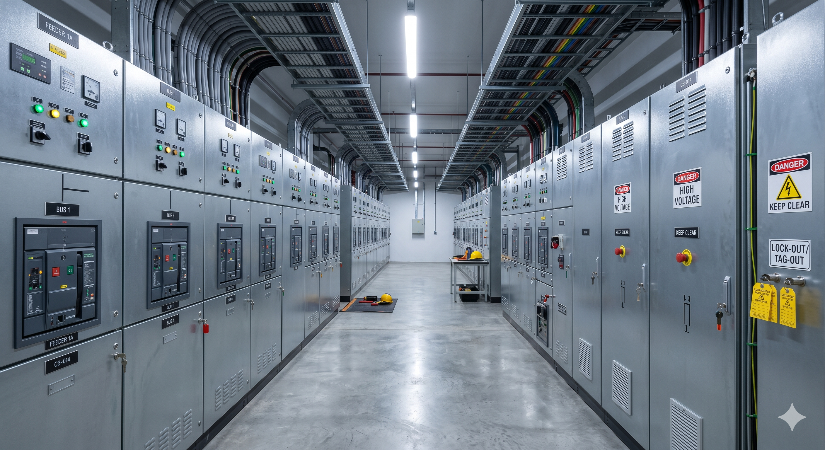 Interior of a switchgear room with rows of industrial switchgear cabinets, well-lit and clearly labelled